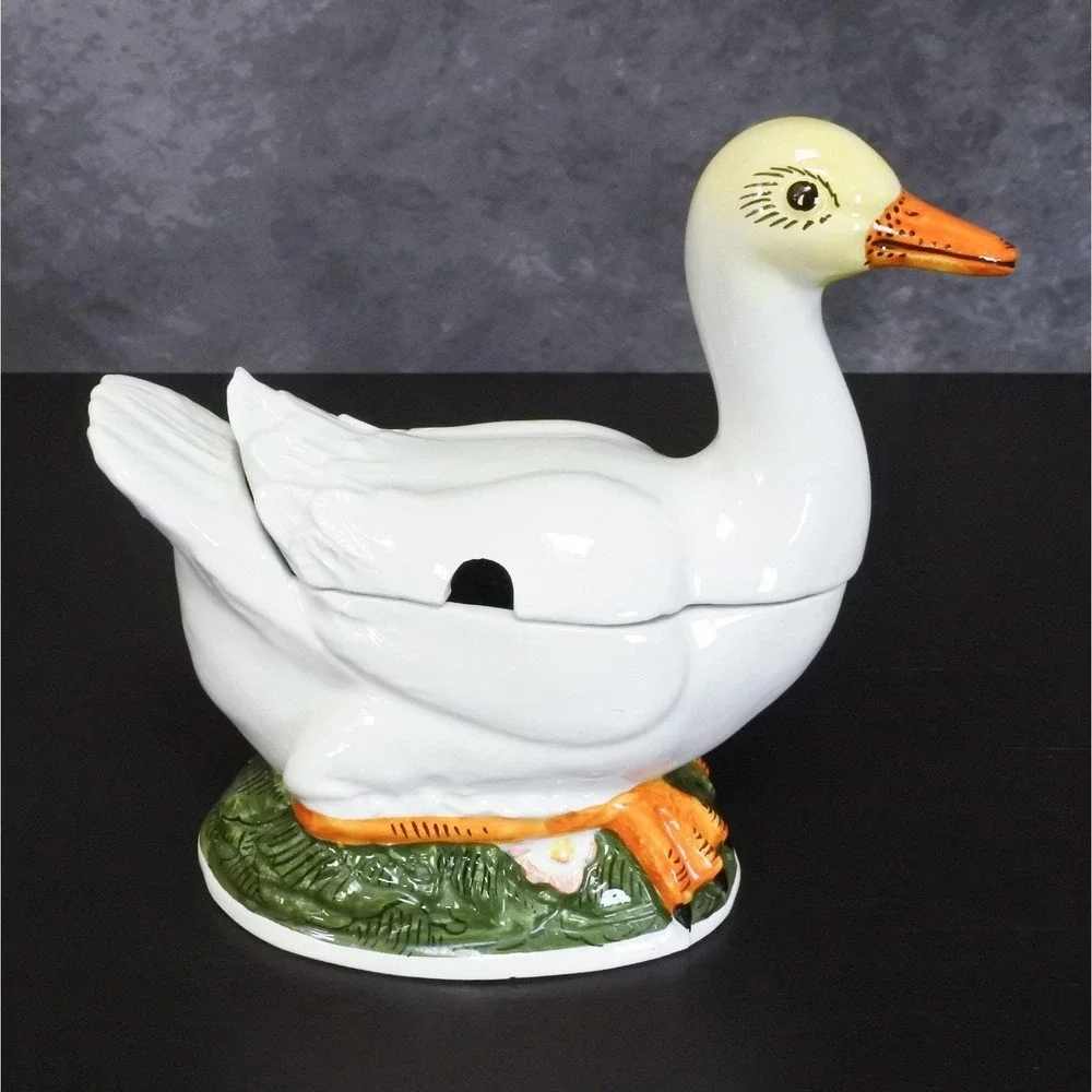 Vintage Majolica Hand Painted Duck Farmhouse Shabby Sauce Gravy Boat